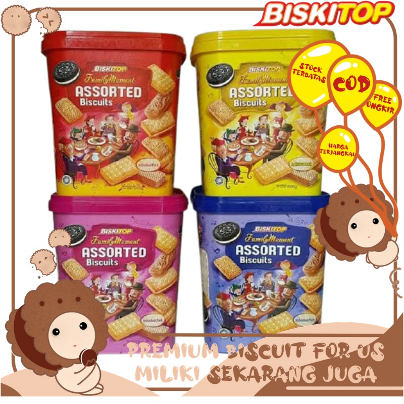 

BISKITOP -FAMILY MOMENT 600Gr Assorted Biskuit wafer Cream Biskuit keluarga Lebaran Biskuit Kaleng