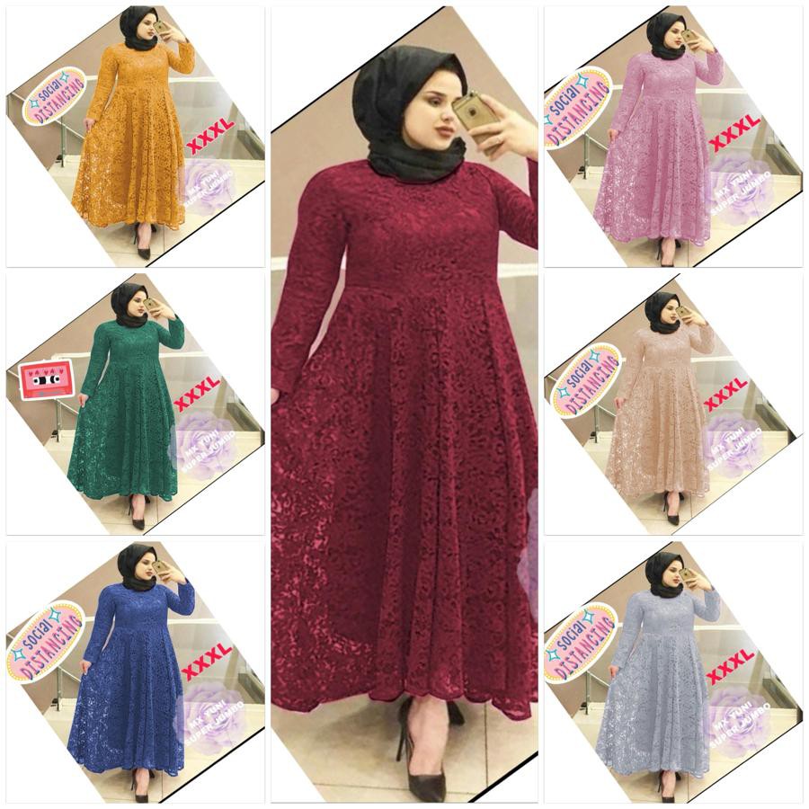 GAMIS YUNI SUPER JUMBO XXXL BUSUI BIGSIZE MAXI DRESS MUSLIM BRUKAT TULANG TIMBUL BROKAT CORNELI