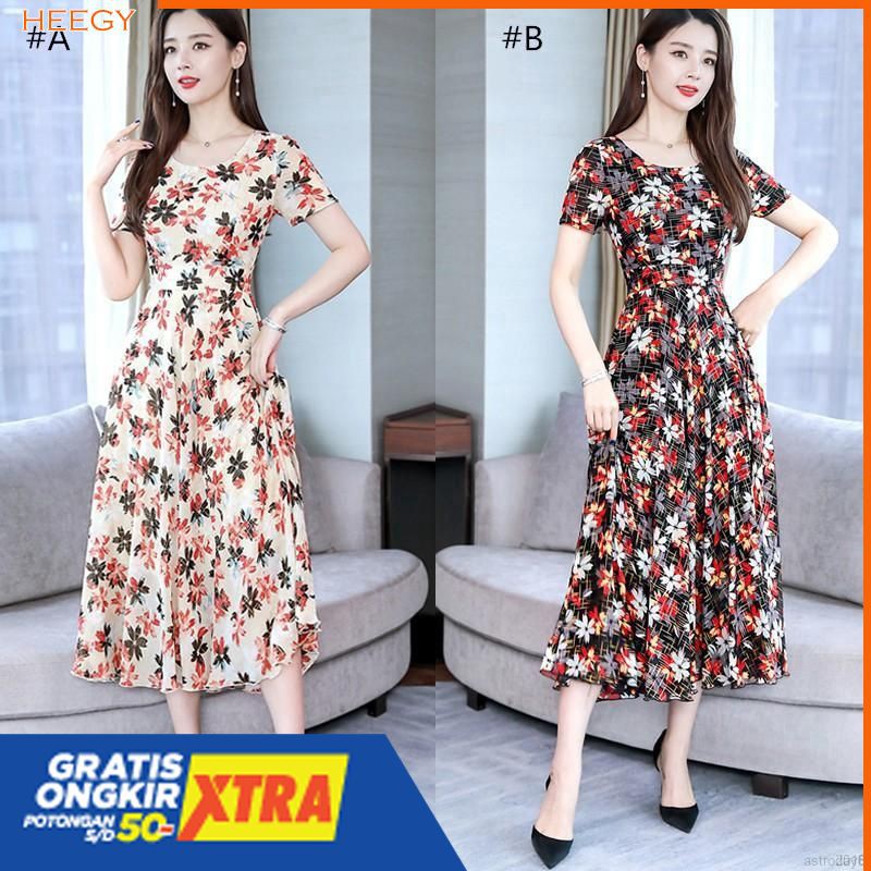 Dress Casual Bohemian Lengan Pendek O-Neck Motif Bunga Gaya Wanita Korea