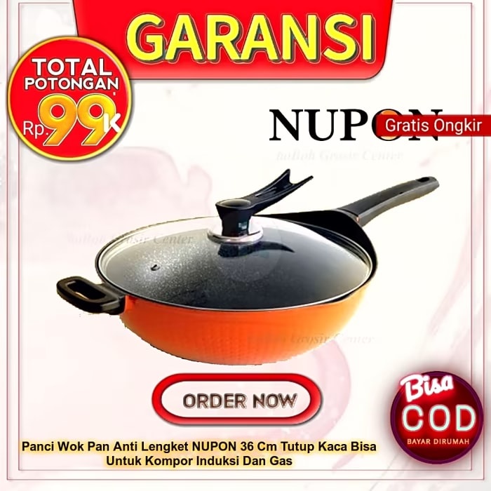 Wok Pan Wajan Penggorengan NUPON 36 Cm Tutup Kaca Bisa Kompor Induksi Dan Gas Panci Anti Lengket