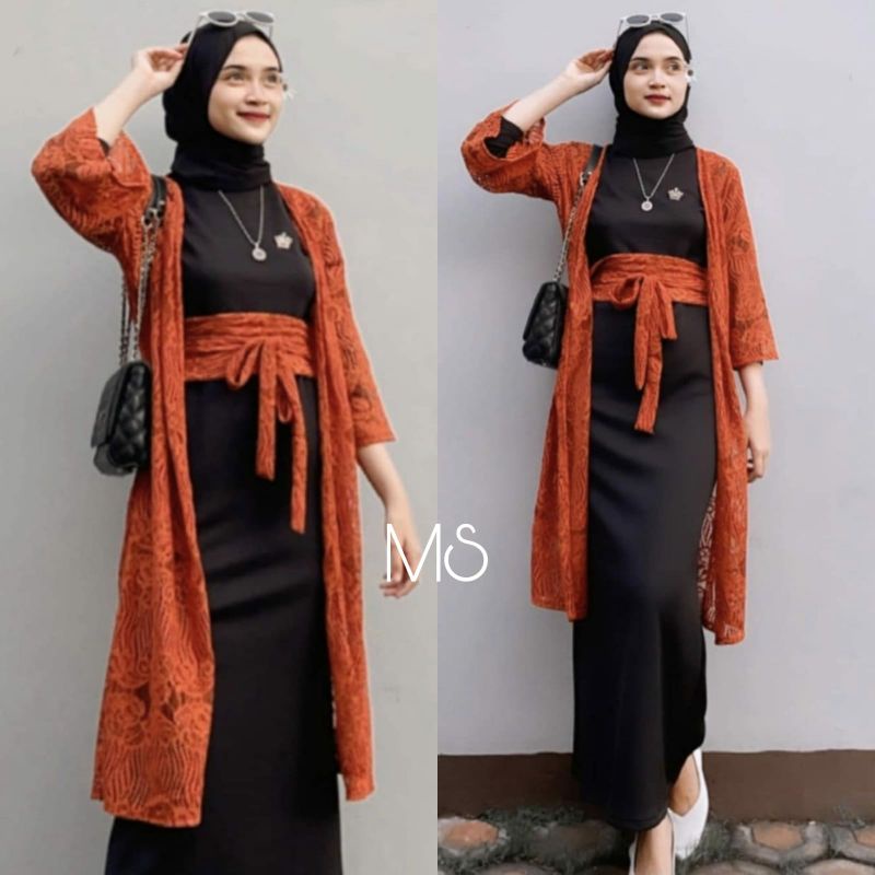 SET CARDI FADRELLA FASHION PAKAIAN WANITA 2IN1 DRESS MAXY DAN CARDI BRUKAT MS ADA VIDEO REAL PICT