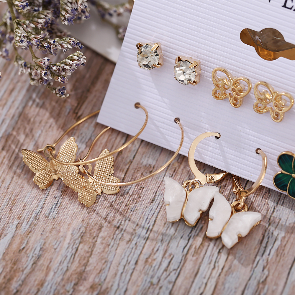 YEEZII 12pcs / Set Anting Bentuk Kupu-Kupu Bahan Akrilik Aksen Kristal Gaya Retro Untuk Wanita