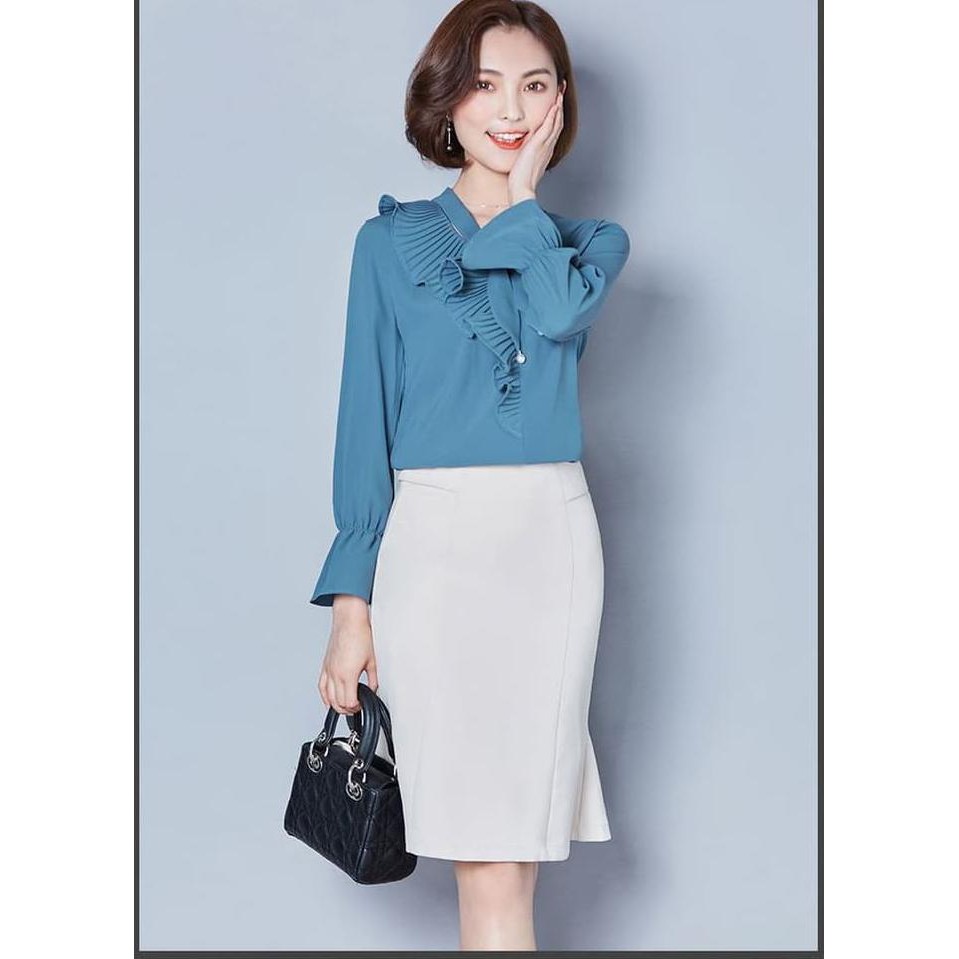 Bismillah . . . Baju Atasan Blouse Tunik Blue Ruffle Sweet (L) Import Original Terlaris
