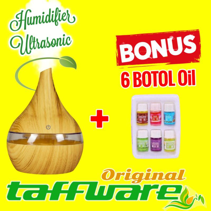 Humidifier Diffuser Aromaterapi Oil LED Aromatherapy Disfuser Ultrasonic Taffware Pelembab Udara-Coklat Muda + 6 oil