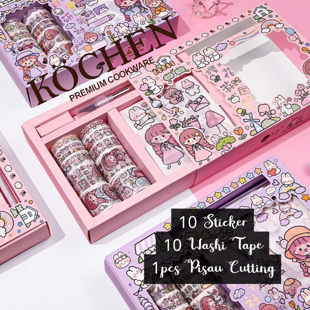 MYKOCHEN.INA Sticker Aesthetic Box SET 10+10+1 Washi Tape Knife Paper Cutting DIY Diary Stiker Decoration Kawaii Cute Estetik Tumblr Lucu Hiasan Buku Catatan Journaling Kertas Scrapbooking Planner Dekoratif Pack Hp Laptop Kartun Stationery Jurnal