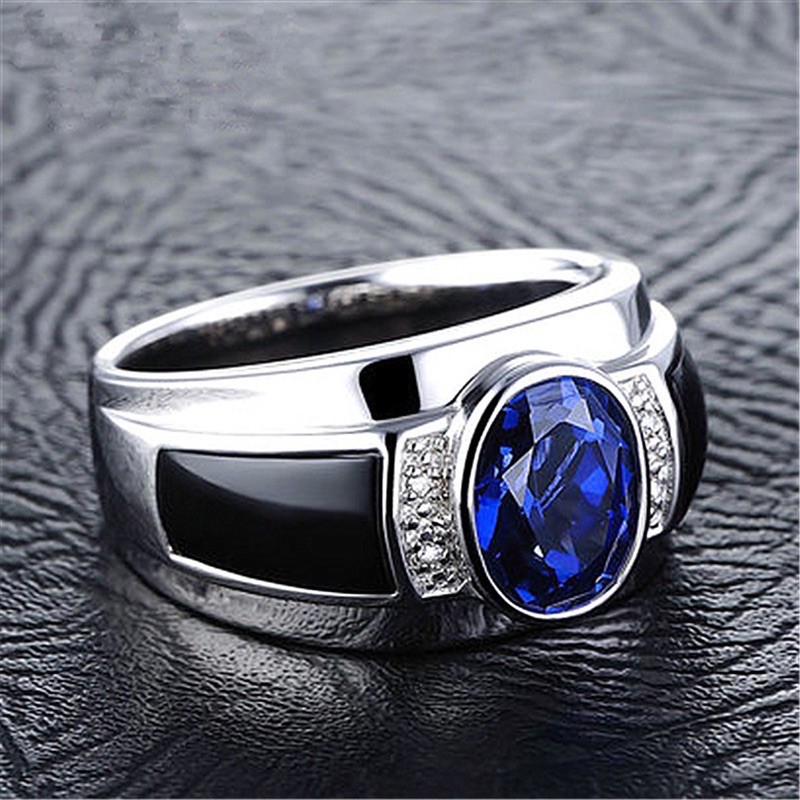 Cincin Pria Batu Blue Saphire Cubic Zirconia Akik Safir Biru Royal Warna Ring Perak List Hitam