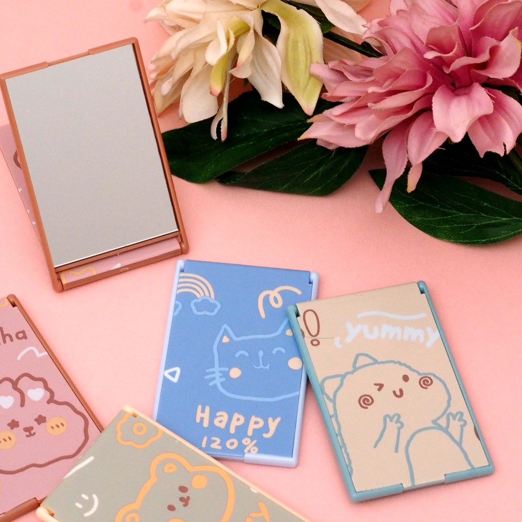 Cermin Lipat Kotak Saku Portable Motif Cartoon Animals Lucu Kaca Lipat Make Up Travel Persegi Panjang