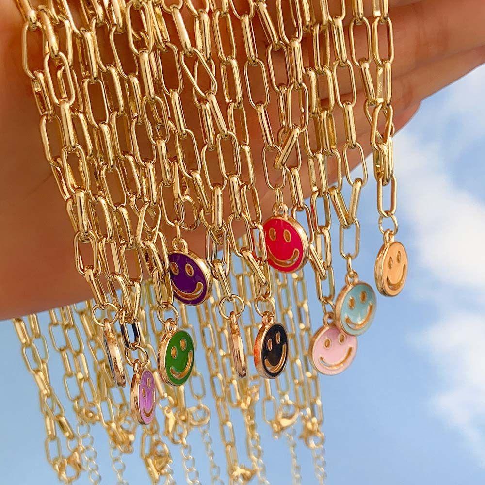 Needway Smiley Kalung Pria Hadiah Pesta Warna Emas Smiley Liontin Rantai Logam Drop Oil Vintage Klavikula Rantai