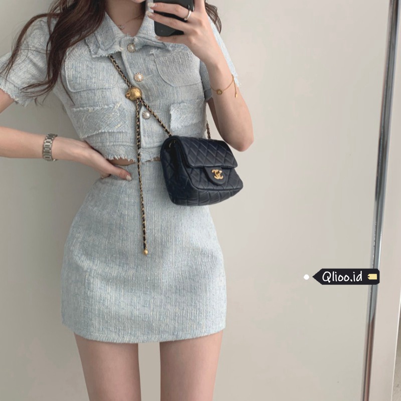 Setelan Wanita Korea Fashion Retro Crop Jaket Atasan Kemeja Lengan Pendek/High Waist A-line Mini Rok Skirt Set