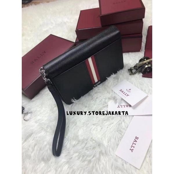 [KIRIM SEKARANG] CLUTCH BALLY WALLET MEN  ZIP  TRAVEL BLACK STRIPE RED ORIGINAL