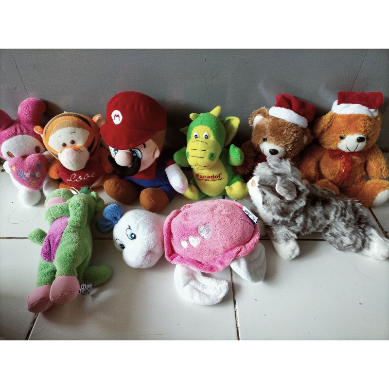 preloved/bekas pakai boneka kucing, mario bros, tiger, turtle, bear, melody, barney