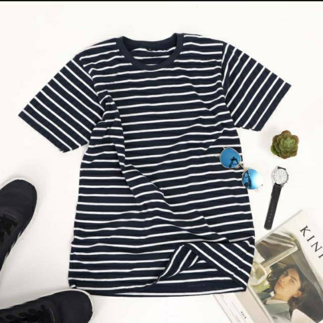  Kaos  Stripe Salur Belang Garis MEDIUM NAVY PUTIH Pria 