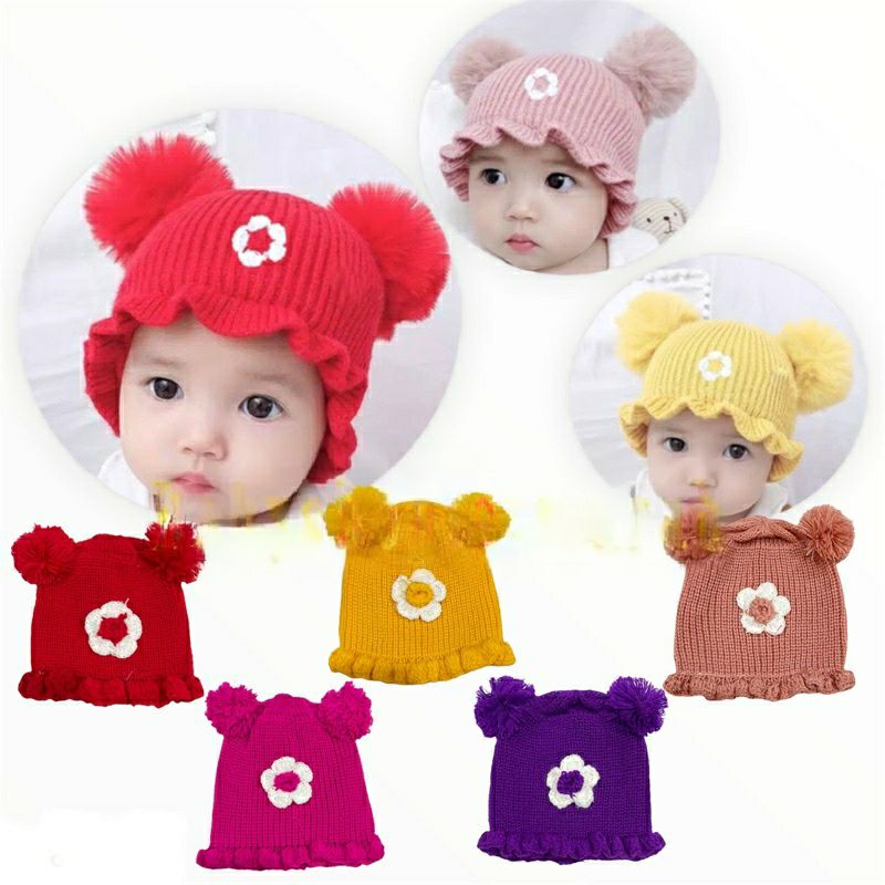 Topi Bayi Pompom Renda Bermotif Bunga / Kupluk Anak Pompom Renda Motif Bunga