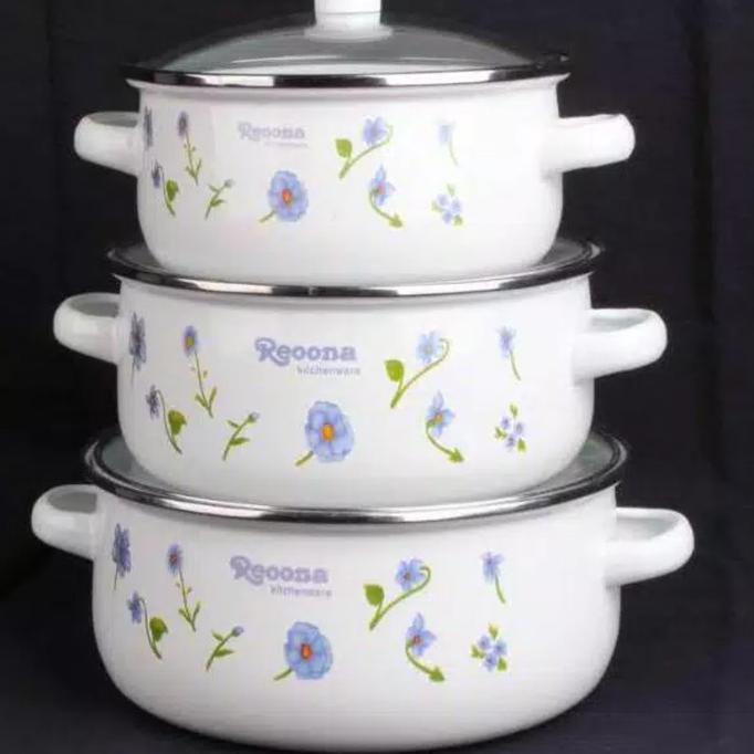 Panci Set Enamel Reoona Susun 3 Tutup Kaca Pe8278