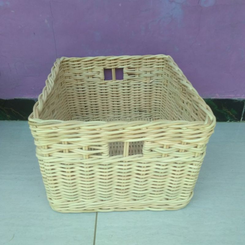 Keranjang tutup rotan besar persegi kotak penyimpanan barang keranjang motor belakang depan 35x30x21 cm