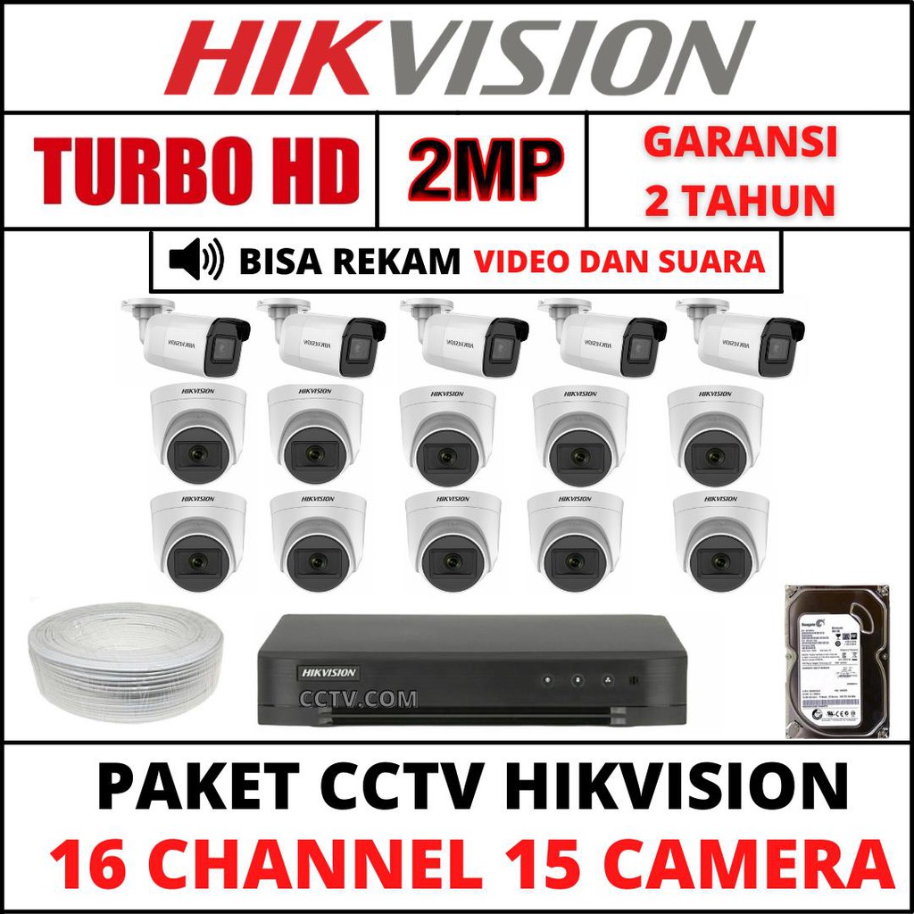 PAKET CCTV HIKVISION 16 CHANNEL 15 KAMERA 2MP TURBO HD/AUDIO SERIES  1080P KOMPLIT TINGGAL PASANG