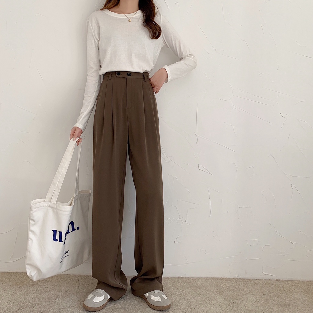 [Import]Celana Panjang Hitam Loose Kancing Dua Wanita Korean Style High Waist Straight Pants