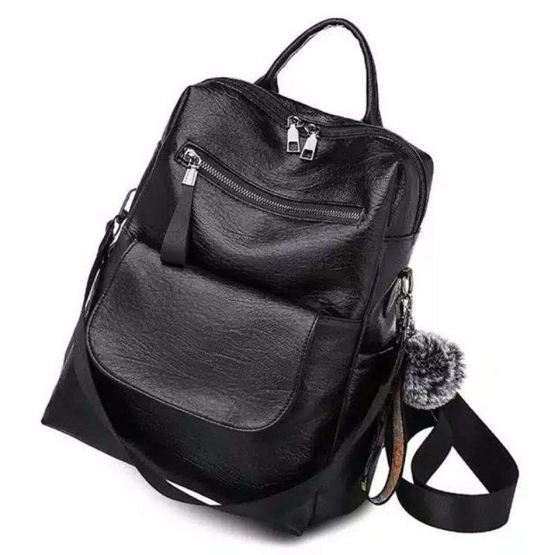 RAJA(COD)✓PROMO BACKPACK SOFT LEATHER KULIT FREE POMPOM FASHION KOREA