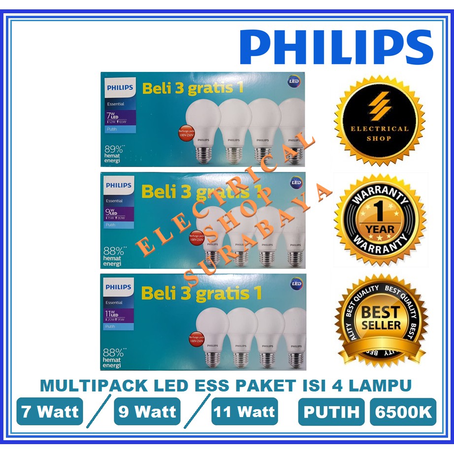 Paket Isi 4 Lampu Philips Led 7w 9w 11w Bundling Multipack