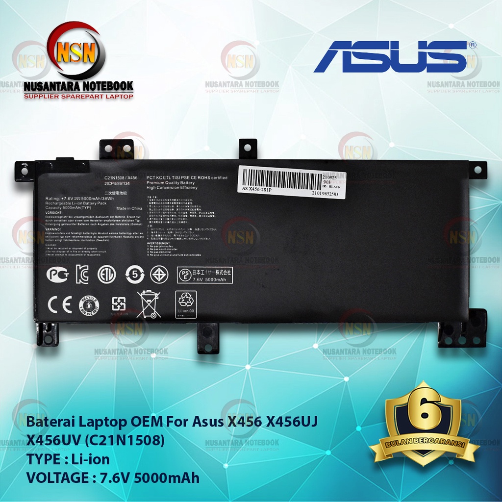 Baterai OEM Laptop For Asus X456 X456UJ X456UV C21N1508 7.6V 5000mAh