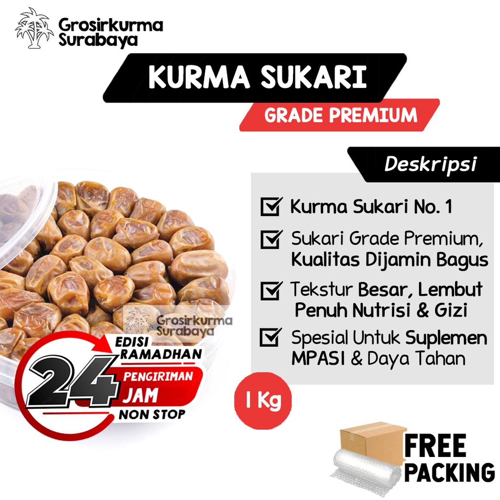 Kurma Raja SUKARI Ruthob Basah 1kg Penambah Imun Tubuh, Stamina &amp; Suplemen MPASI Ajwa Mesir Madu