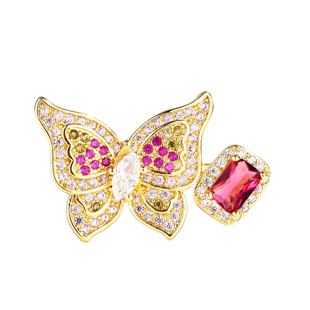 Cincin Lapis Emas Emas Asli Kadar 375Desain Kupu-Kupu Hias Rubi Berlian Untuk Wanita Butterfly