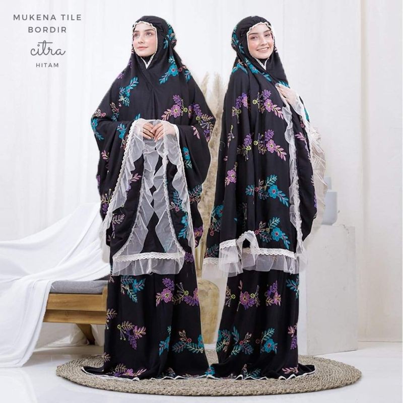 Nanoystore - Mukena Dewasa Katun Rayon Premium Motif Tile Bordir Citra Warna Hitam List Renda