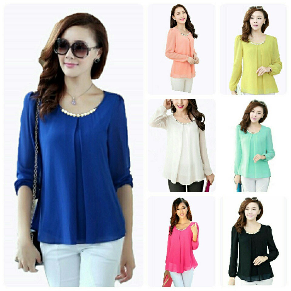 Baju Wanita  Kalung Mutiara Lengan Panjang XL/XXL - Putih, M