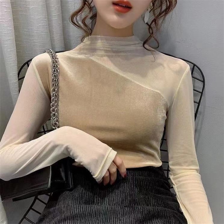 Korean Lace Half Turtle Neck Bottoming Shirt Atasan Wanita Renda Setengah Lengan Panjang 2587