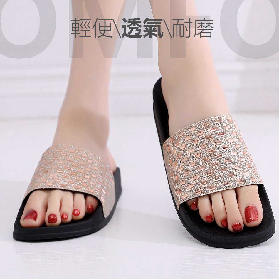  Sandal  Selop Flat Open Toe Aksen Berlian Imitasi Nyaman  