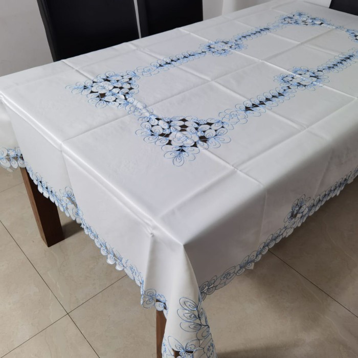 Taplak Meja Makan 6-8kursi Kain Katun Bordir Tebal Polos - putih/biru, 170cmx225cm