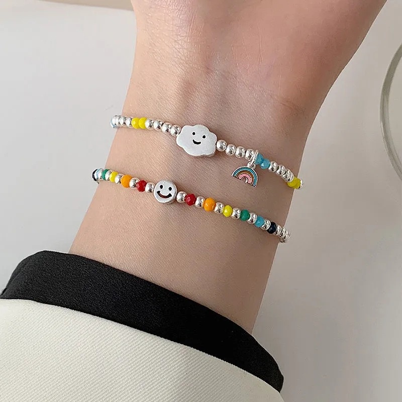 Gelang Manik-Manik Adjustable Desain Beruang Senyum Hati Warna-Warni Gaya Jepang Korea