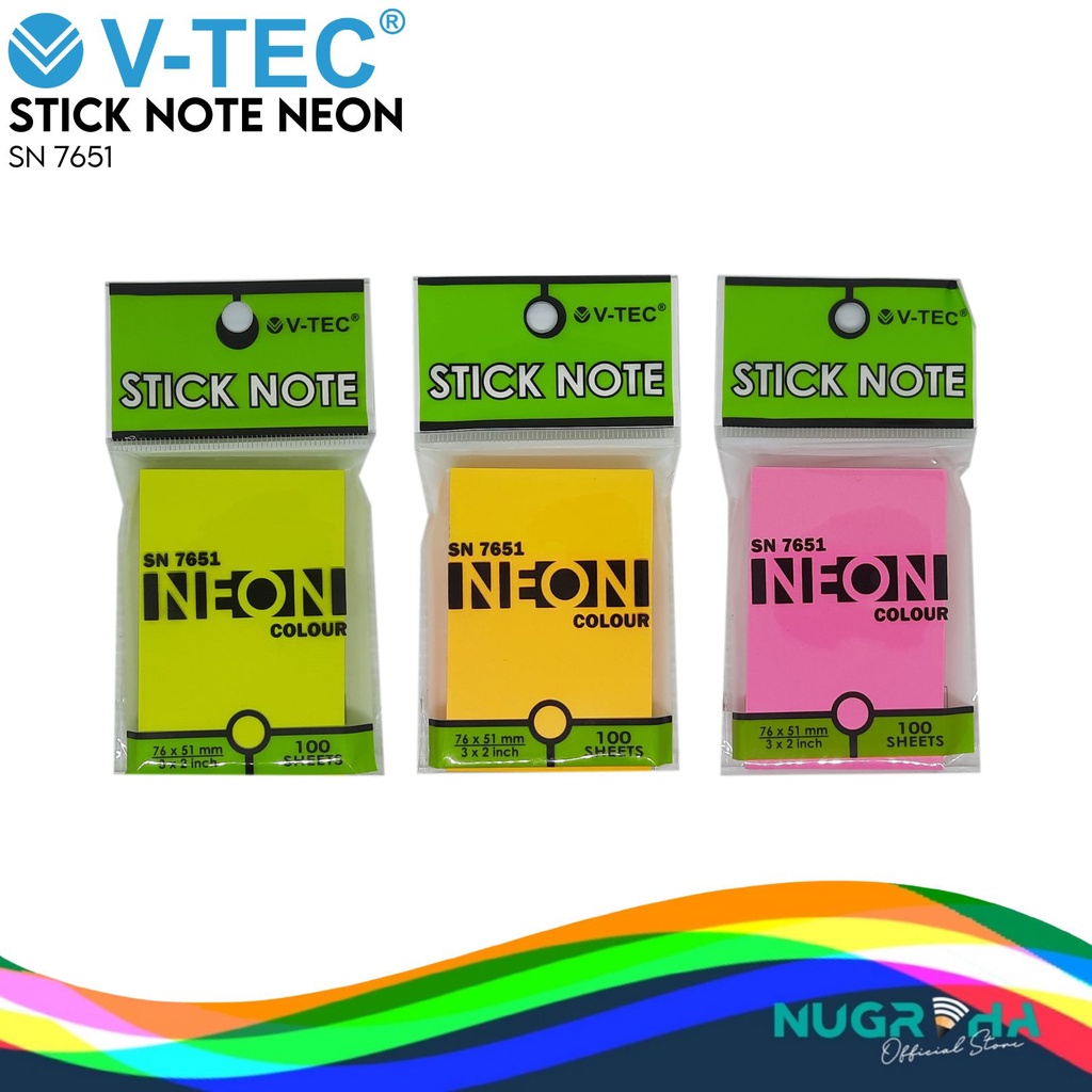 

MEMO STICK NOTE STICKY NOTES NEON V-TEC 7651 3X2 INCH