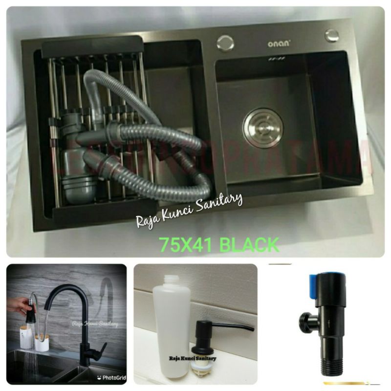 Paket Lengkap Kitchen Sink 7541 Hitam Black+Kran Mixer Tarik Hitam Black Panas Dingin SUS 304