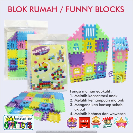Mainan Edukasi Anak Puzzle Blok Rumah - Funny Block - Brick Susun Bentuk Rumah - Building Block