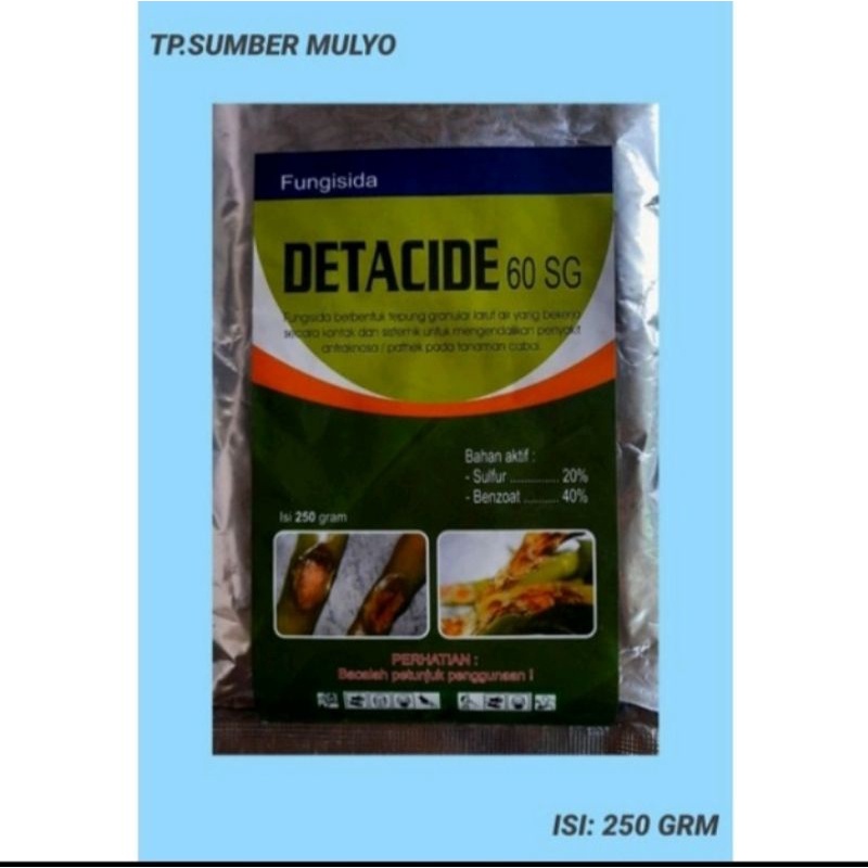 FUNGISIDA DETACIDE 60 SG BAHAN AKTIF SULFUR DAN BENZOAT KEMASAN 250 GRAM