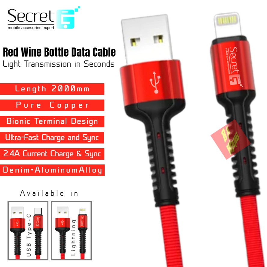 SECRET G Red Wine Bottle Data Cable Kabel 2000mm Toughness 2.4A