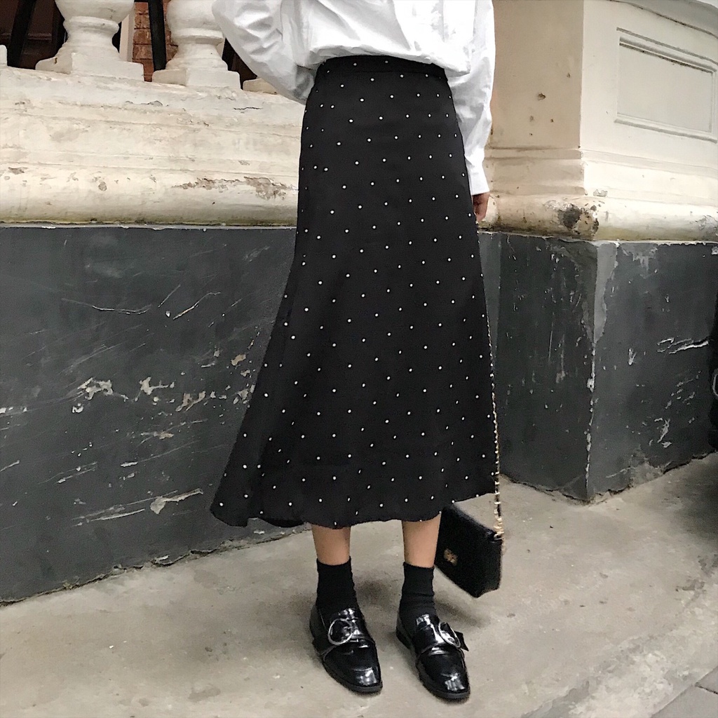 Versi Korea Fashion Chic Retro Pinggang Tinggi Hitam Polka Dot A-line Rok Wanita