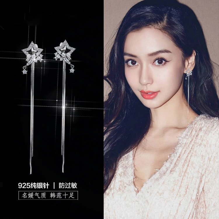 Sterling silver jarum lima menunjuk bintang berlian panjang rumbai anting-anting menggantung anting-