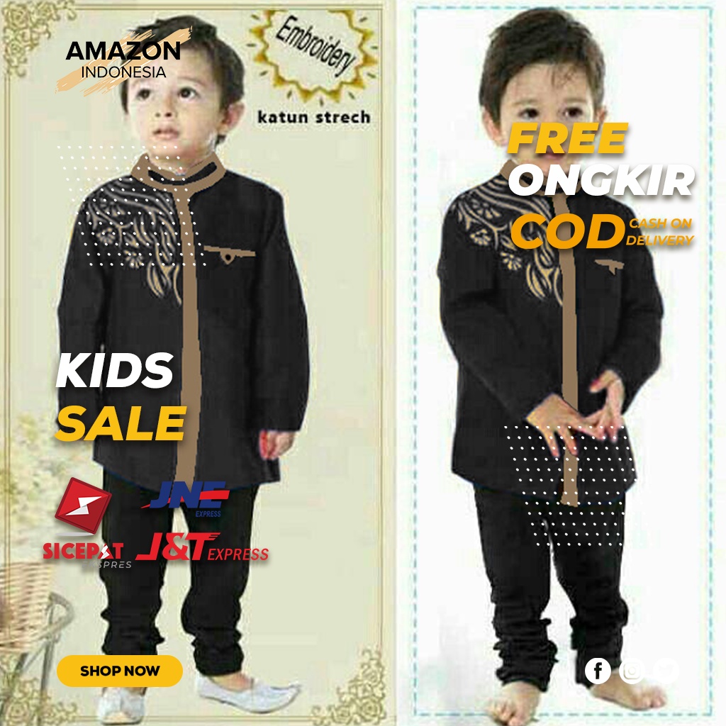 BAJU KEMEJA KOKO PAKAIAN MUSLIM ANAK LAKI LAKI BAHAN KATUN RAYON WARNA BLACK HITAM KOMBINASI BORDIR ORIGINAL