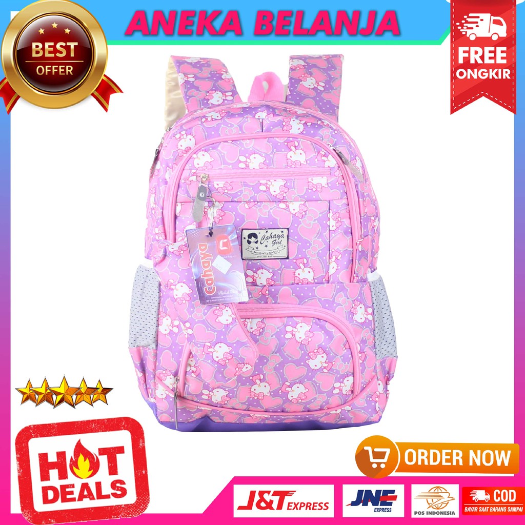 PROMO HARGA 61.999 Tas Sekolah Anak Perempuan Motif Cahaya Hello Kitty Pink Ungu Terbaru Ransel Anak Cewek TK SD SMP Stylish Free Raincover Dan Free Tempat Pensil Murah Kekinian Tas Gendong Anak Fashionable Ngaji LES TPQ  Bahan Tebal Kuat Berkualitas