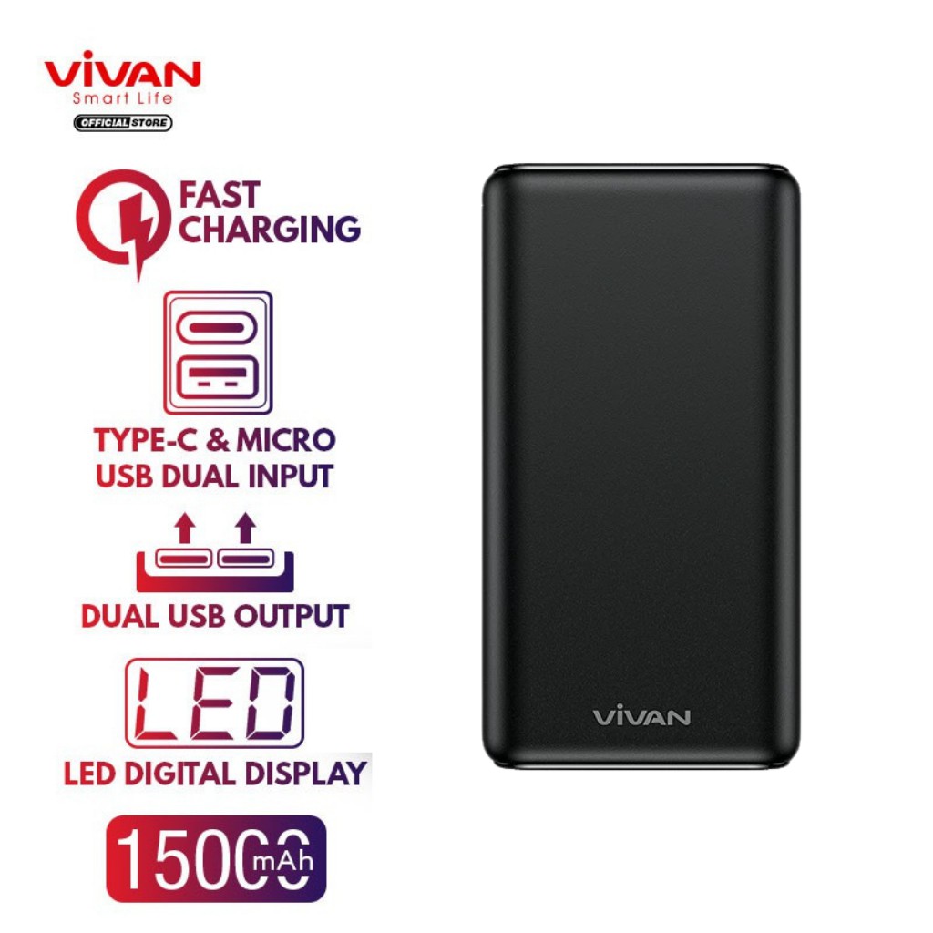 Powerbank Vivan 15.000 mAh Fast Charging VPB-H15 Dual USB LED Display Dual Input Original