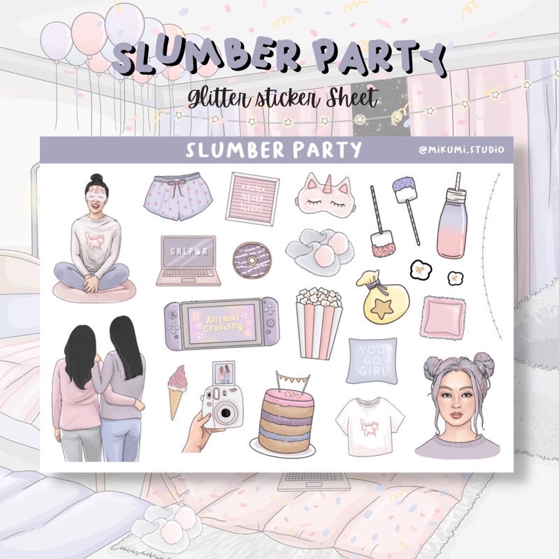 

[MIKUMI] Slumber Party Sticker Sheet | Glitter Sticker | Kiss Cut sticker | Deco sticker | Journaling Kits | Bujo Kits | Planner Sticker | Stiker Planner | Sticker Lucu | Sticker Planner | Sticker Bujo | Deco Kit | Scrapbook Sticker