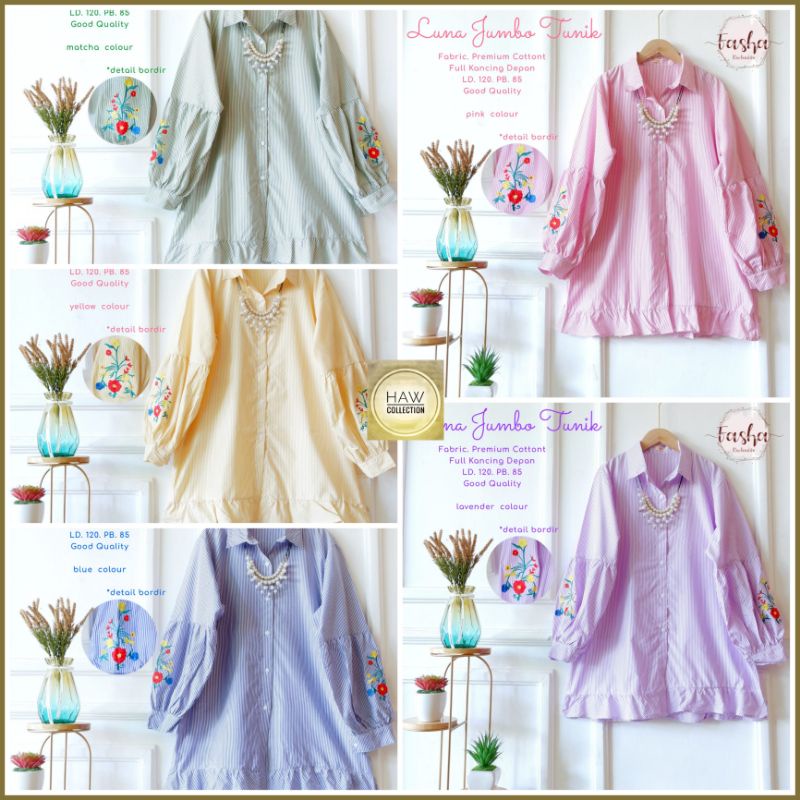 Luna Jumbo Tunik Cotton Wanita By Fasha Atasan Kemeja Oversize Motif Garis-garis LD 120