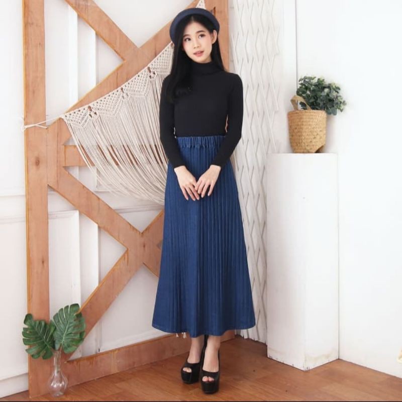 Rok Panjang Plisket Jeans Denim Bawahan l Rok Plisket Jeans