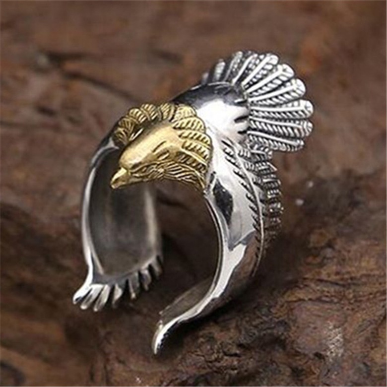 Cincin Model Terbuka Desain Sayap Elang Bahan Stainless Steel Warna Silver Gaya Vintage