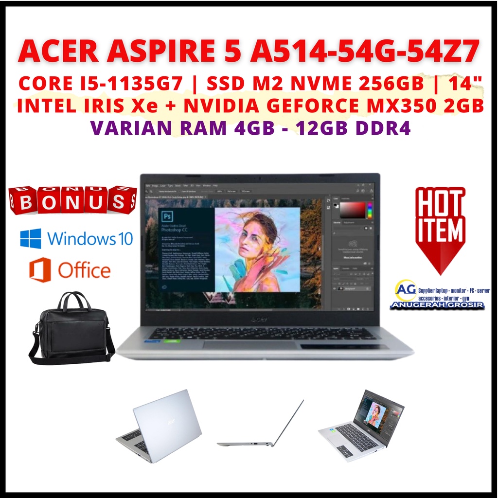 LAPTOP GAMING Acer Aspire 5 A514-54g-54z7 Core I5-1135g7 Ram 12gb Ssd 256gb VGA MX350 2GB 14" Hd