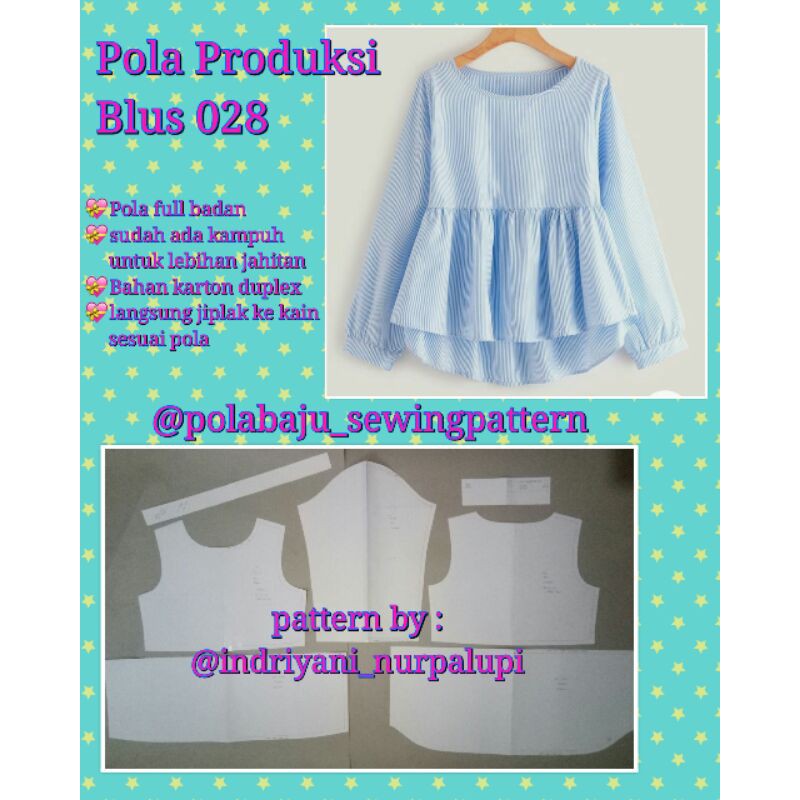 [ Bisa COD ] Pola Blus Penguin tangan panjang 028 - Pola Baju Instan Produksi blouse pinggang kerut lengan panjang