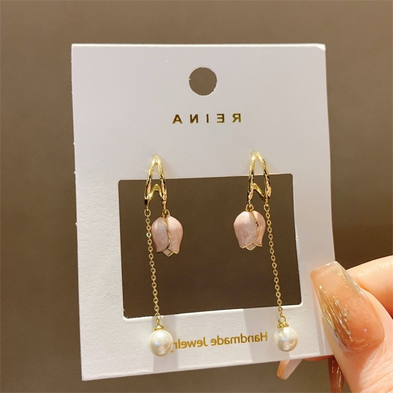 Anting Rumbai Liontin Bunga tulip Warna Pink Aksen Mutiara Untuk Wanita