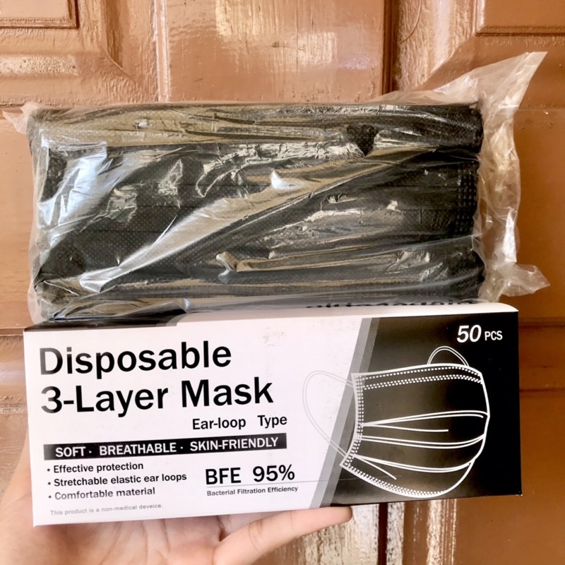 MASKER HITAM 3 PLY DISPOSABLE FACE MASK EARLOOP MASKER TELINGA ISI ± 50 PCS BANJARMASIN KALIMANTAN SELATAN KALSEL | RUMIFY